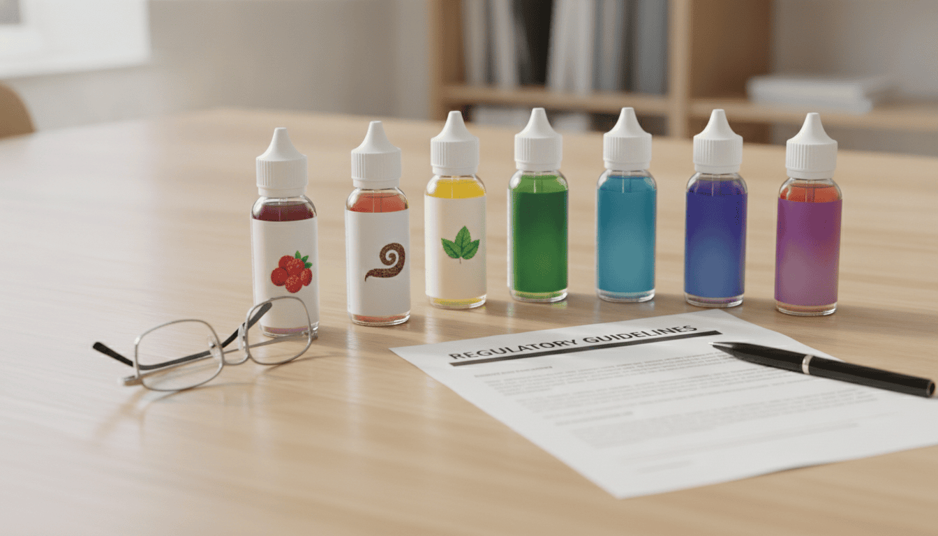 Garrafas de e‑líquido de diferentes sabores sobre mesa com documentação regulatória ao lado.
