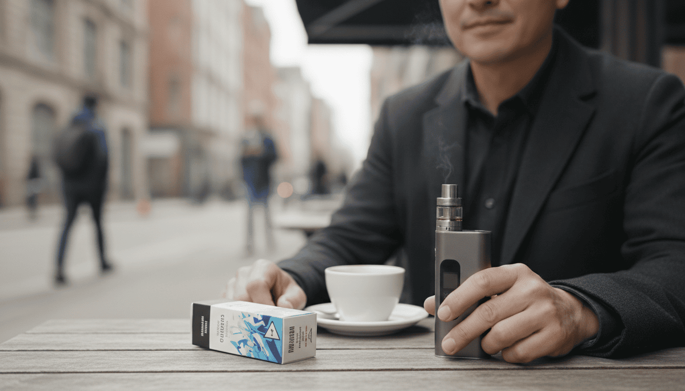 Pessoa adulta segura um vape junto a embalagem de e-líquido sobre uma mesa de café; ambiente urbano e luz natural.