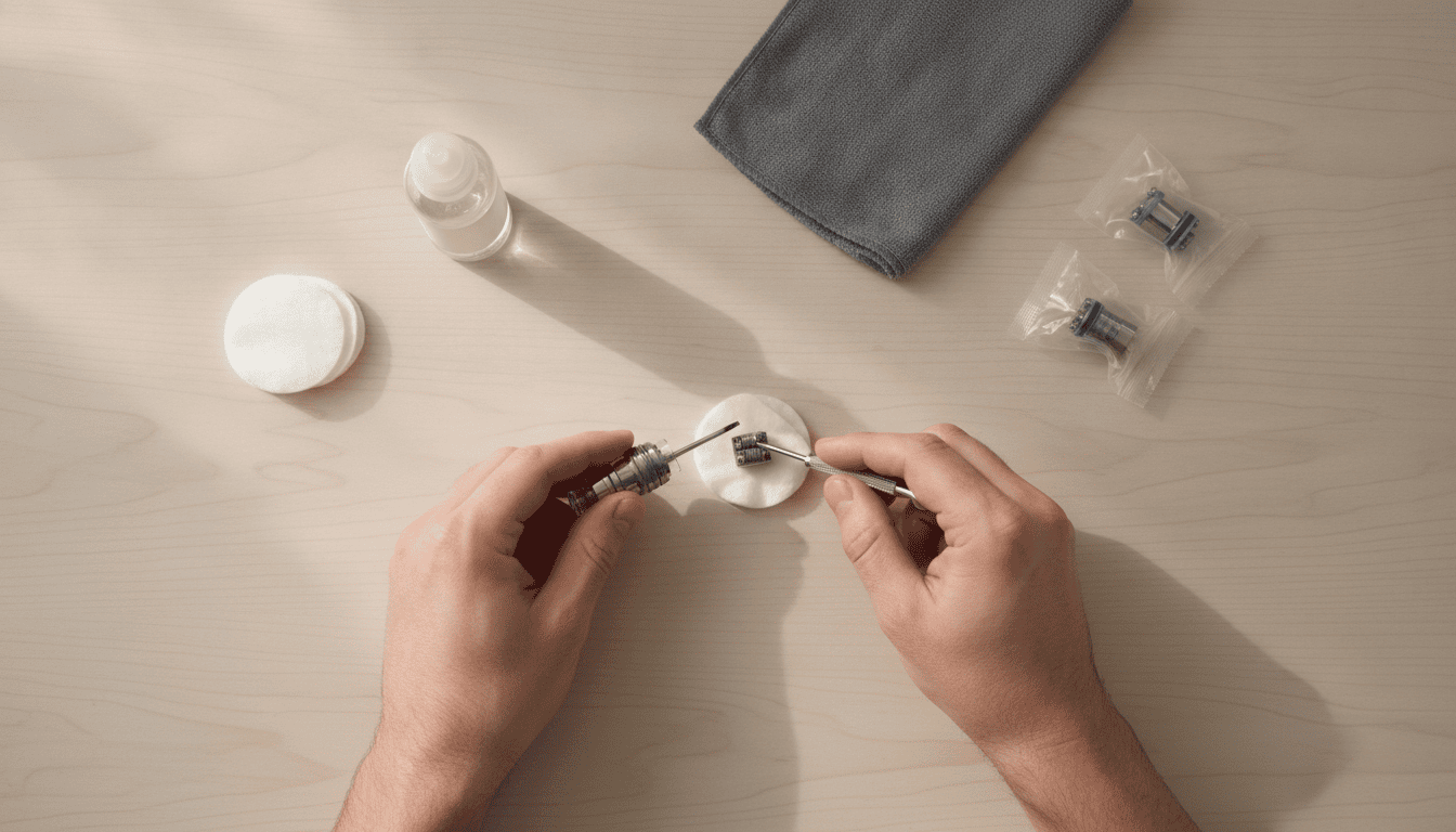 Mãos adultas desmontando e limpando um vape sobre mesa com ferramentas, algodão, coils e frasco de e-líquido.