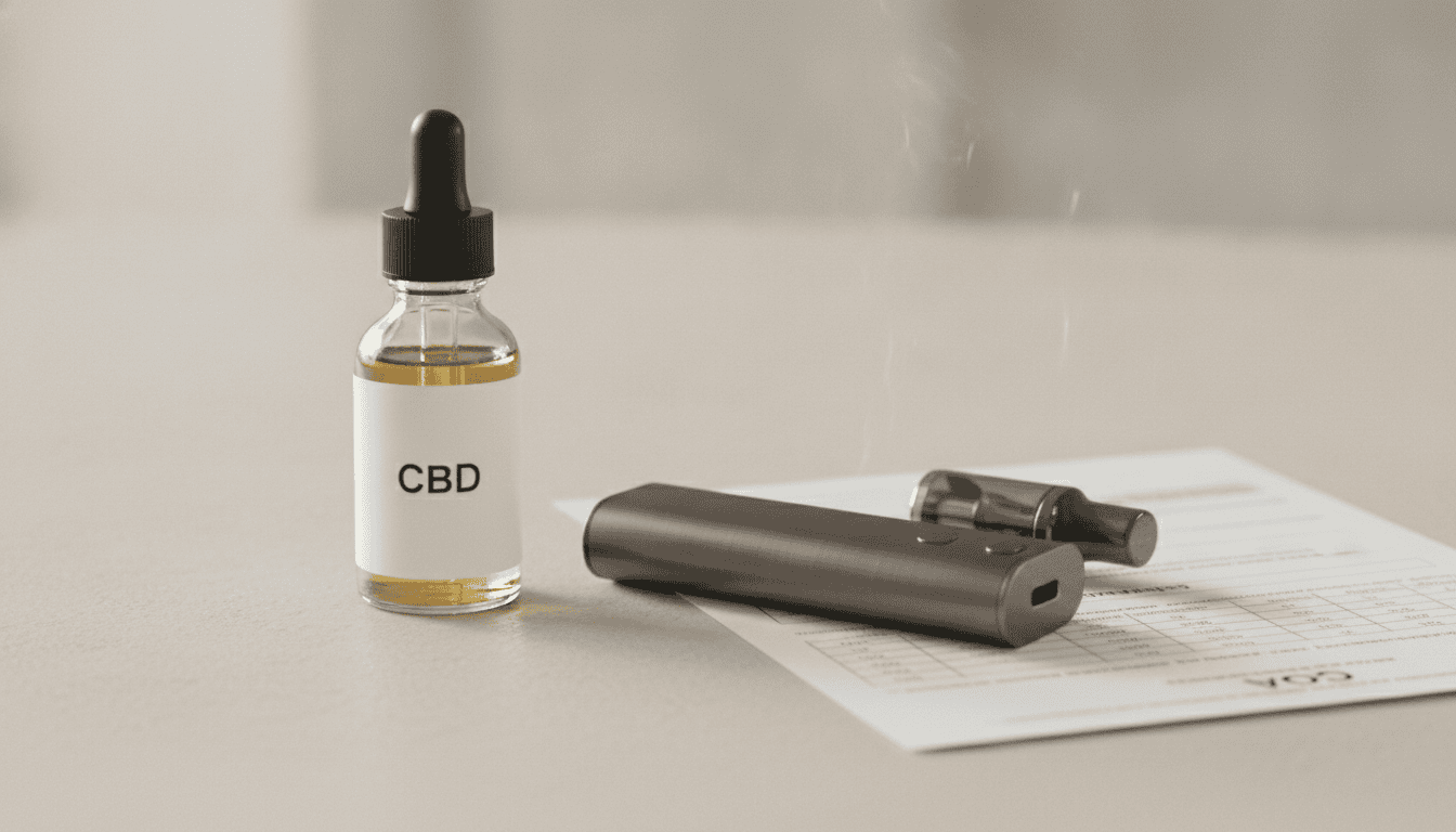 Garrafa de líquido de CBD com conta-gotas ao lado de um pod vape e um laudo (COA) sobre uma superfície neutra.