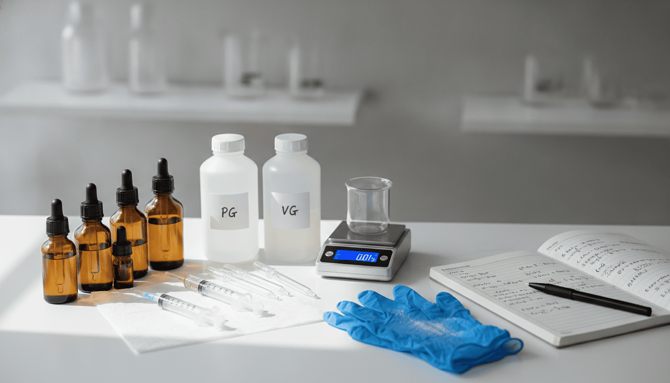 Bancada com frascos âmbar, seringas, balança digital e luvas para preparar líquidos DIY para vape