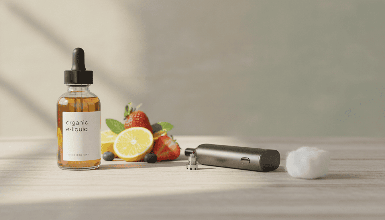 Frasco de líquido orgânico para vape com conta-gotas, frutas e um aparelho pod sobre mesa de madeira