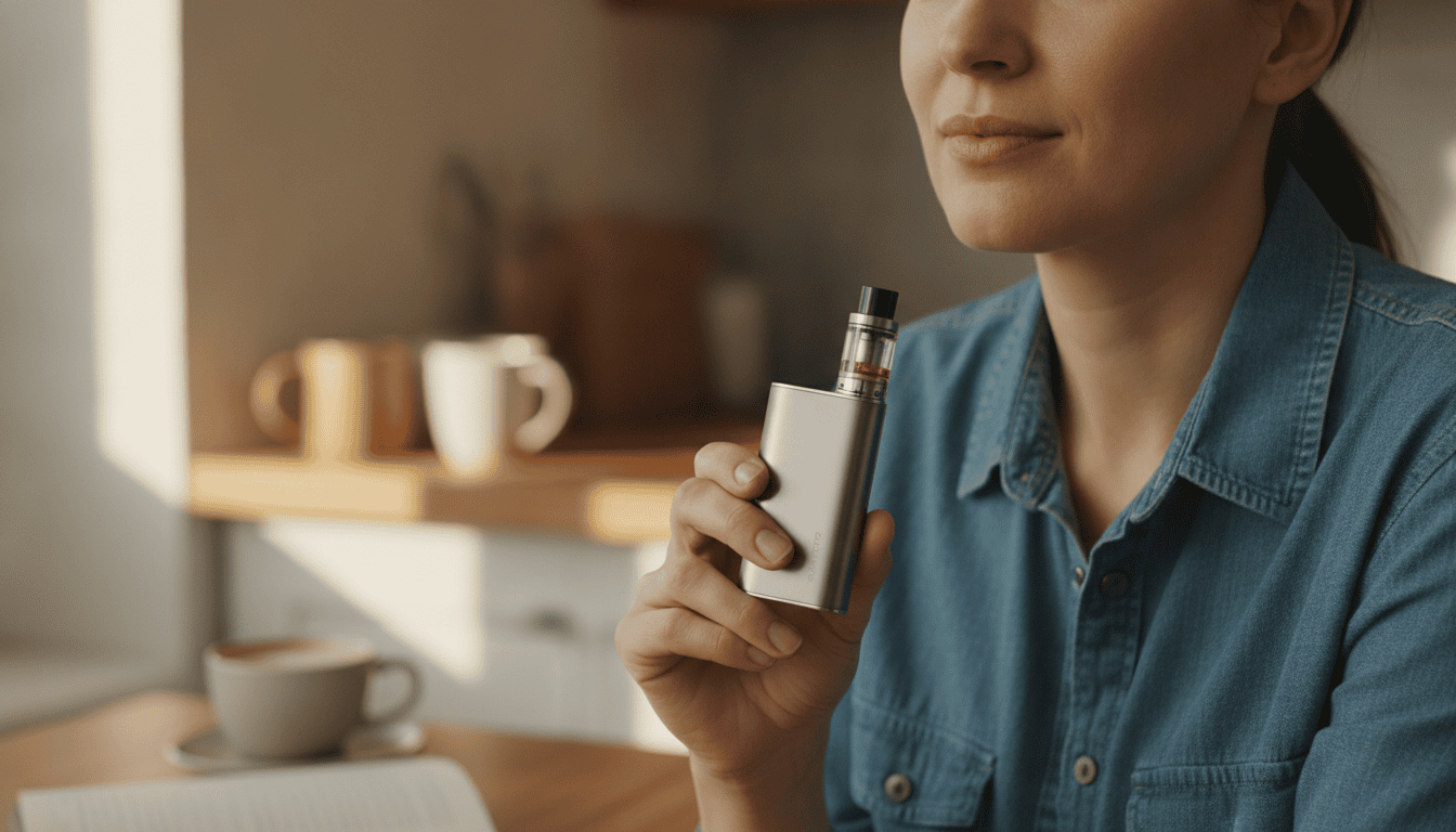 Pessoa adulta segurando um aparelho de vape moderno em ambiente interno, com fundo desfocado e sem fumaça exagerada.