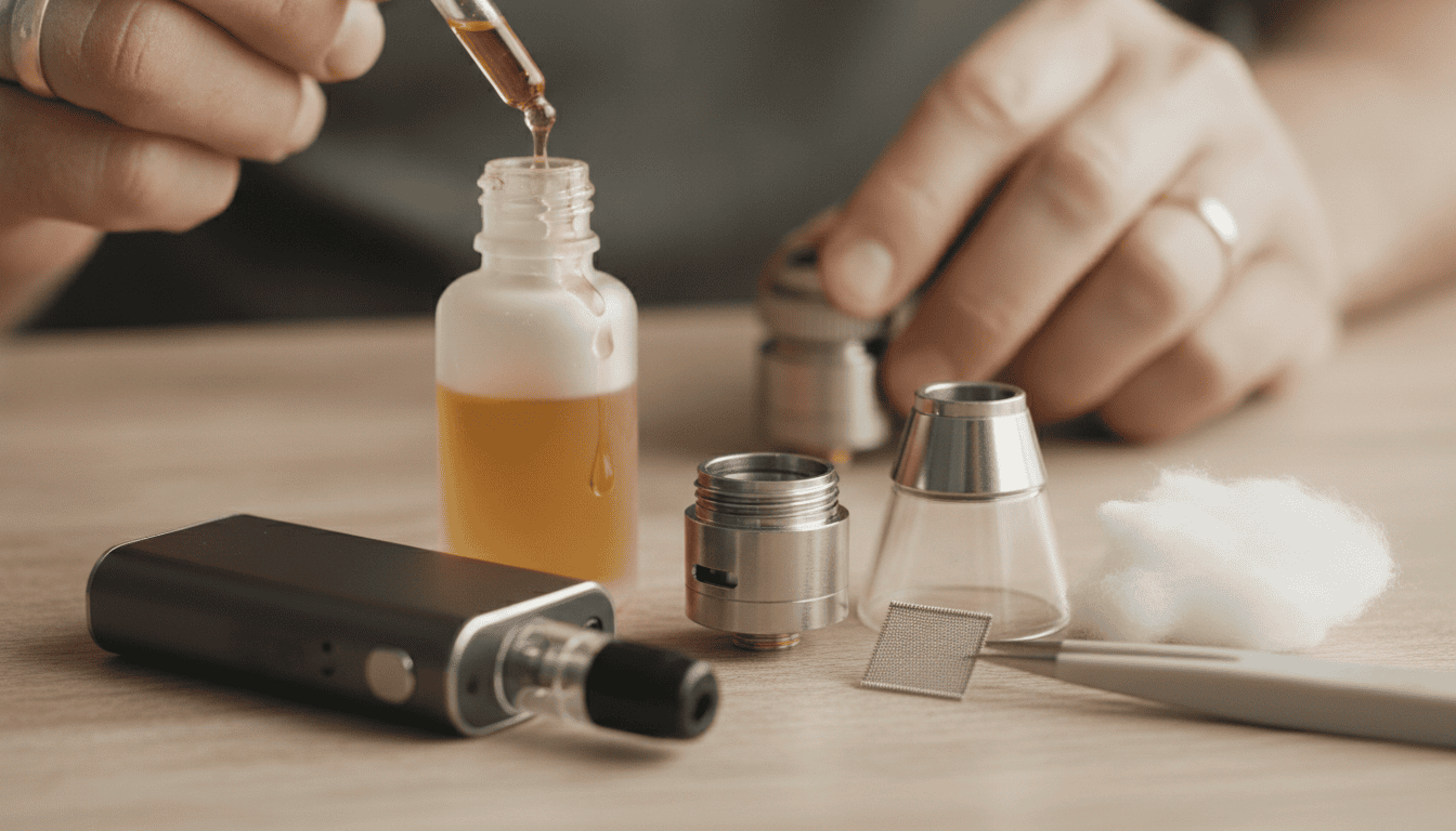 Close-up de dispositivo de vape, frasco de e-líquido e atomizador com coil e algodão prontos para uso sobre mesa de madeira.