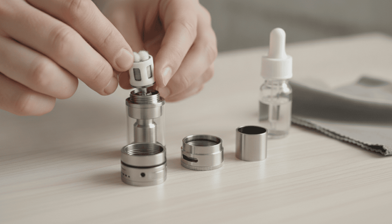 Mãos adultas instalando um novo coil em um tanque de vape sobre uma mesa de madeira, com e-líquido e ferramentas à vista.