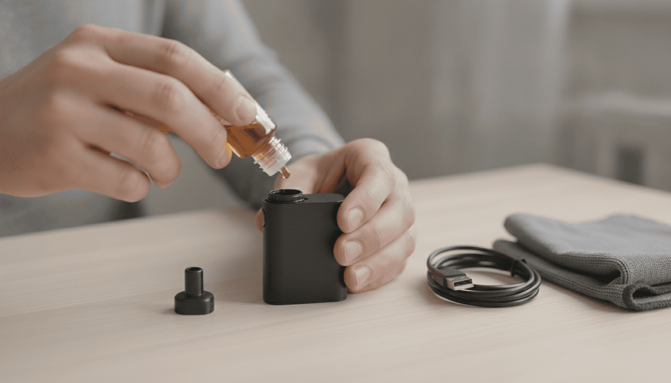 Mãos adultas montando um pod Sky Solo genérico sobre mesa com frasco de e-líquido e cabo USB ao lado.