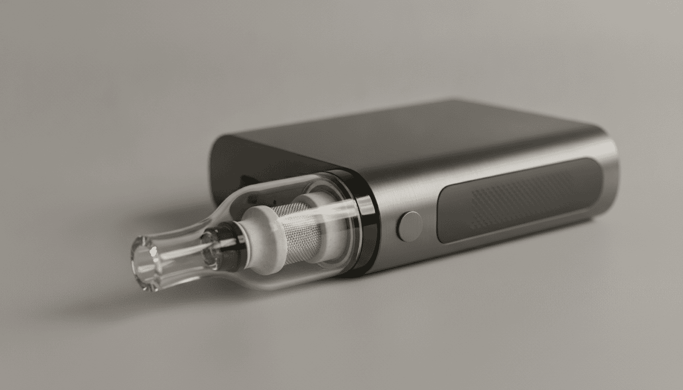 Pod vape moderno em close-up mostrando pod transparente com malha metálica e câmara cerâmica em fundo neutro