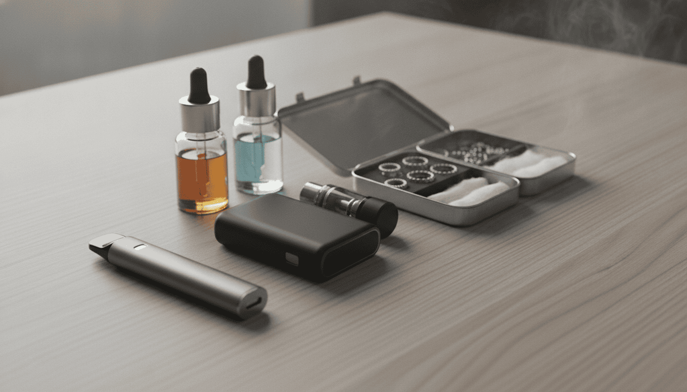 Mesa com diferentes dispositivos de vape, frascos de e-líquido e acessórios dispostos profissionalmente