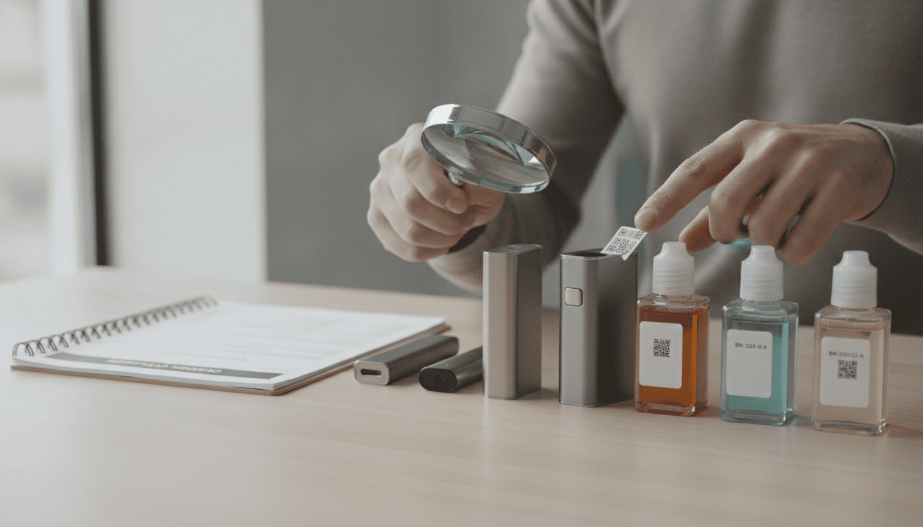 Mãos adultas inspecionando dispositivos de vape e frascos de e-líquido sobre uma mesa com documento regulatório aberto.