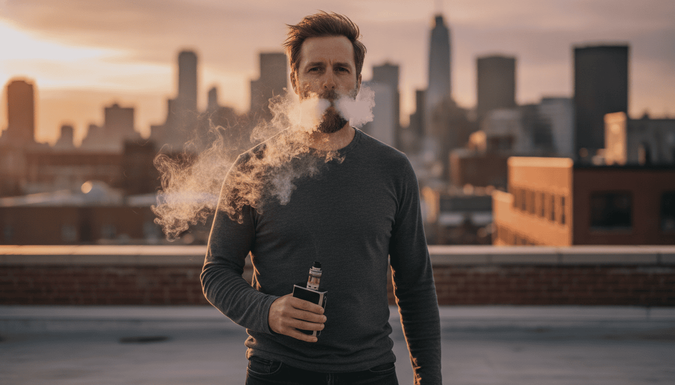 Adulto exalando grande nuvem de vapor com mod e atomizador em um terraço urbano ao pôr do sol