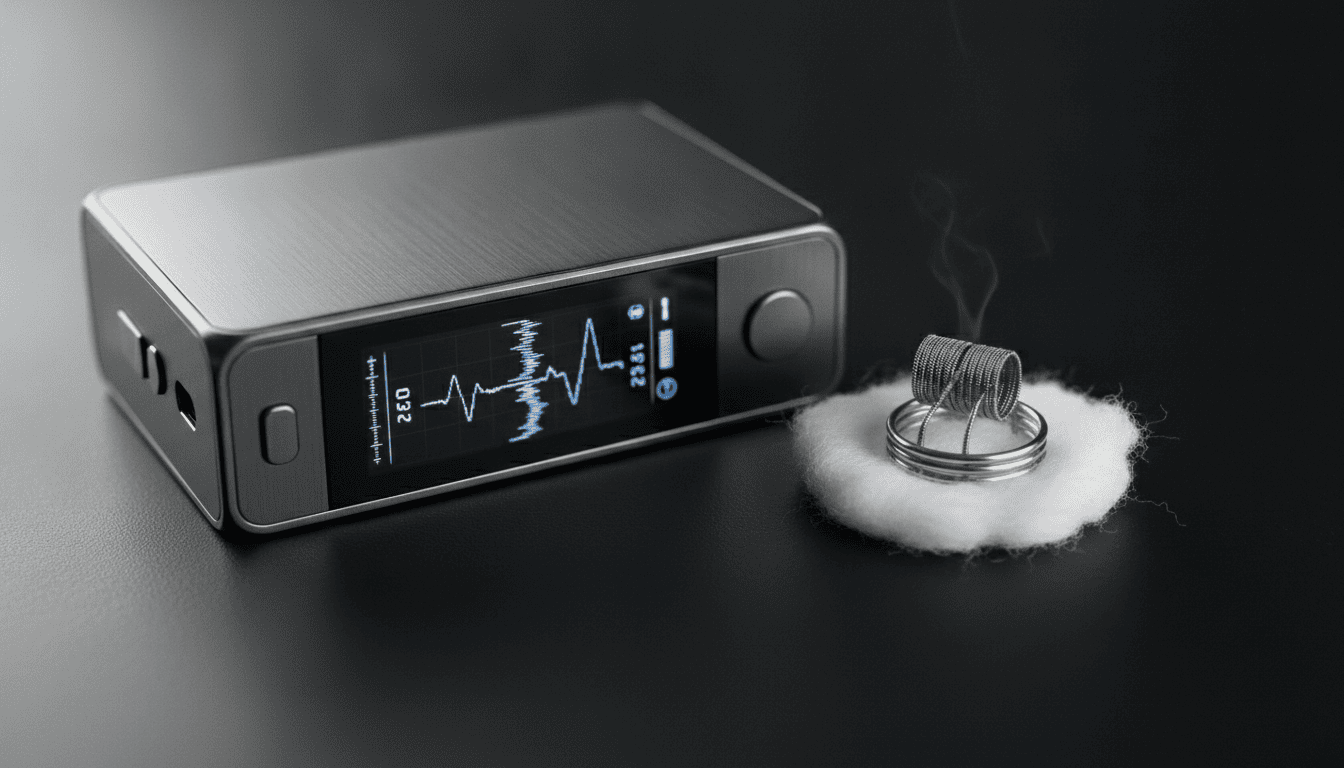 Close-up de um mod de vape com tela mostrando interface de controle de temperatura, ao lado uma resistência de aço inox e algodão.