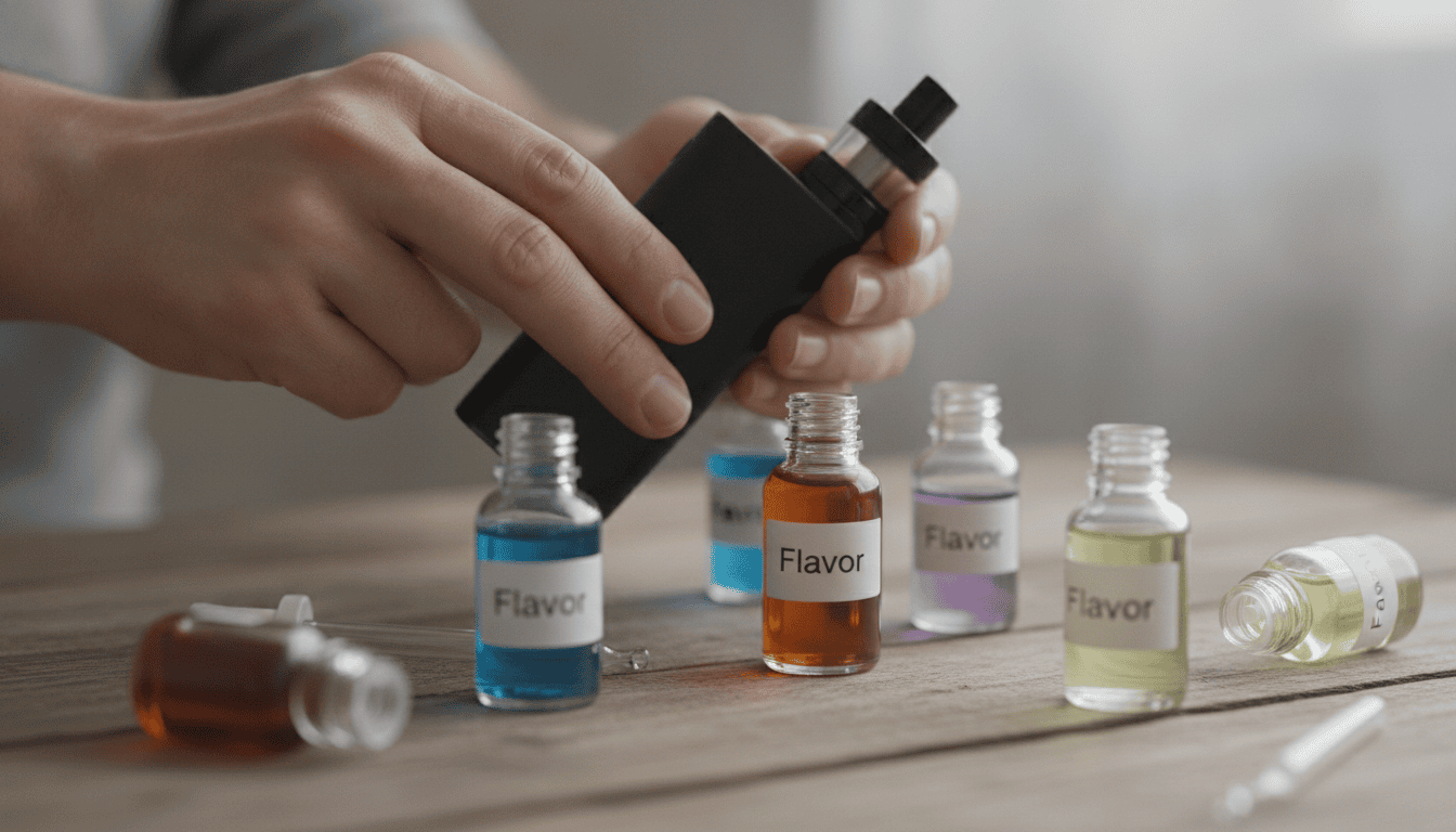 Mãos adultas segurando um dispositivo de vape com frascos pequenos de e-líquido sobre mesa de madeira.
