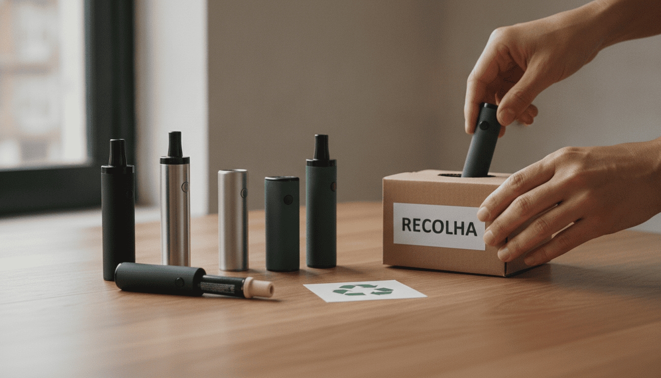 Mesa com vapes descartáveis em acabamento fosco e mãos adultas colocando um dispositivo usado numa caixa de coleta para reciclagem