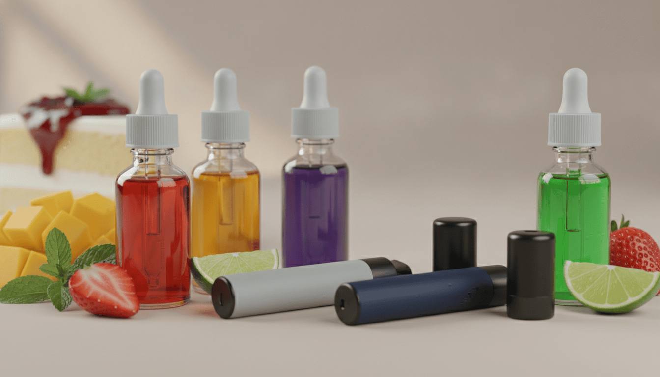 Close-up de frascos de e-liquido nic salt e pods sobre frutas e uma fatia de sobremesa, em composição fotorrealista