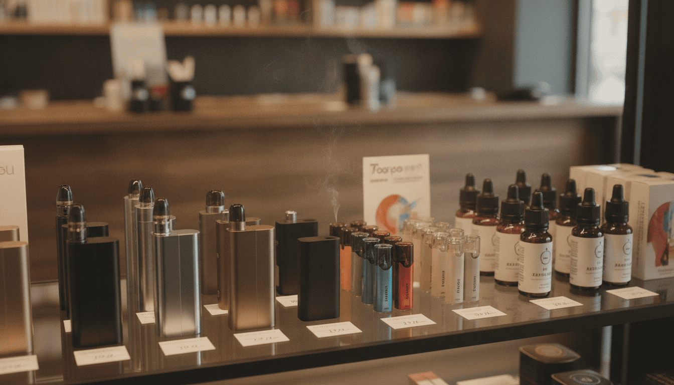 Prateleira de loja com vapes, pods descartáveis e frascos de e-líquido em foco.