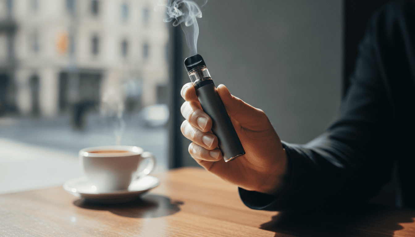 Mãos de um jovem adulto segurando um pod descartável sem marcas sobre uma mesa de café, com fundo urbano desfocado