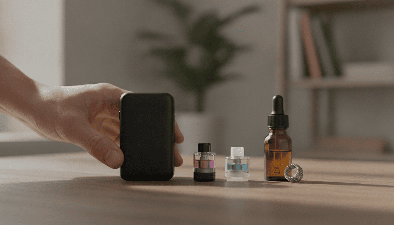 Dispositivo pod system moderno sobre mesa com pods descartável e recarregável ao lado
