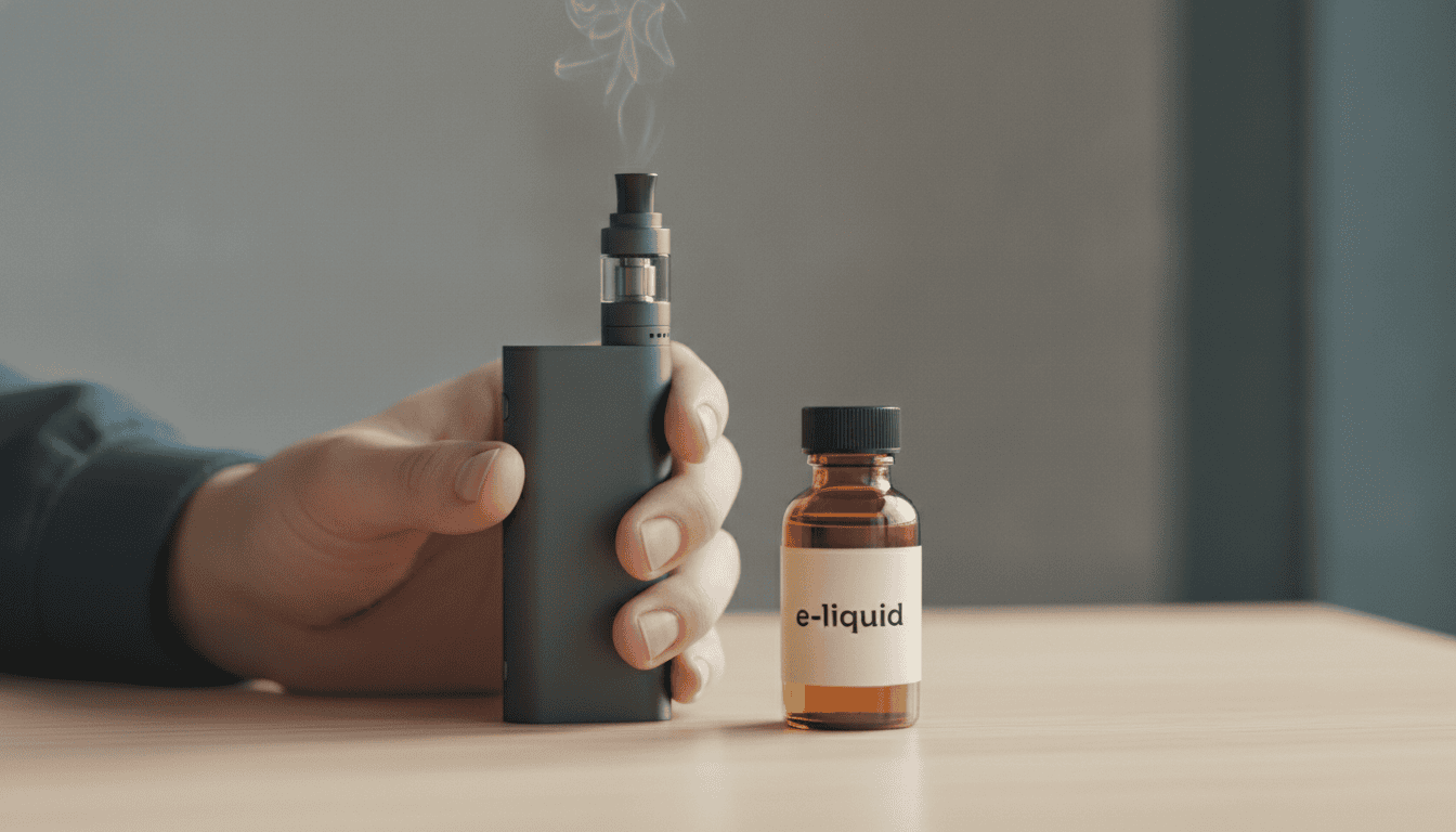 Mão adulta segurando um pod vape próximo a um frasco de e-líquido em fundo desfocado.