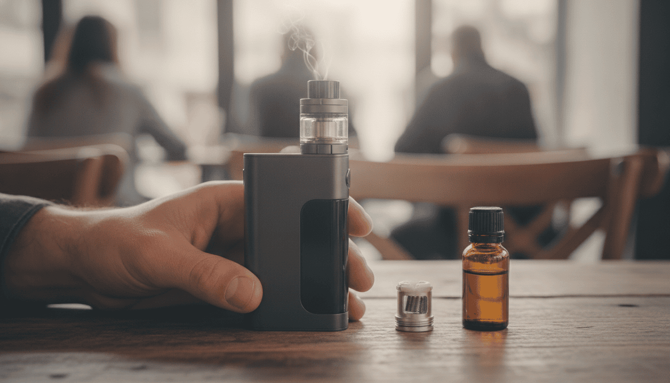 Mão adulta apoiando um dispositivo moderno de vape ao lado de um frasco de e-líquido e uma coil sobre uma mesa.