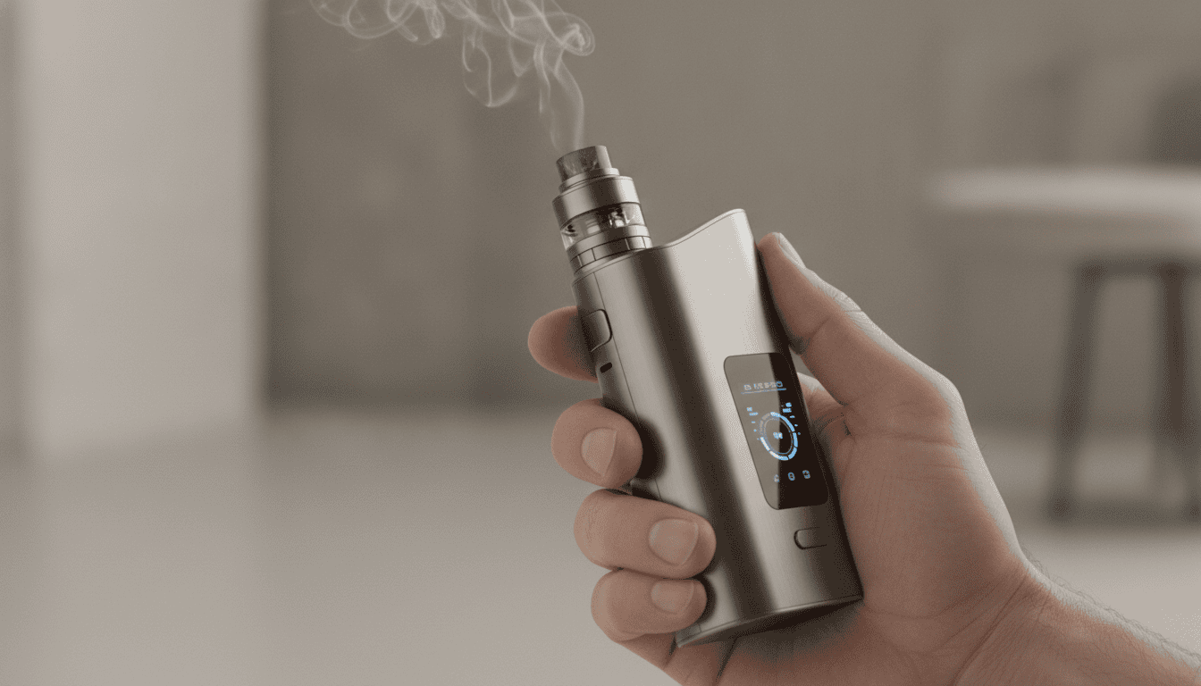 Mão de adulto segurando dispositivo de vape moderno com tela OLED exibindo ajustes adaptativos; vapor suave ao fundo.