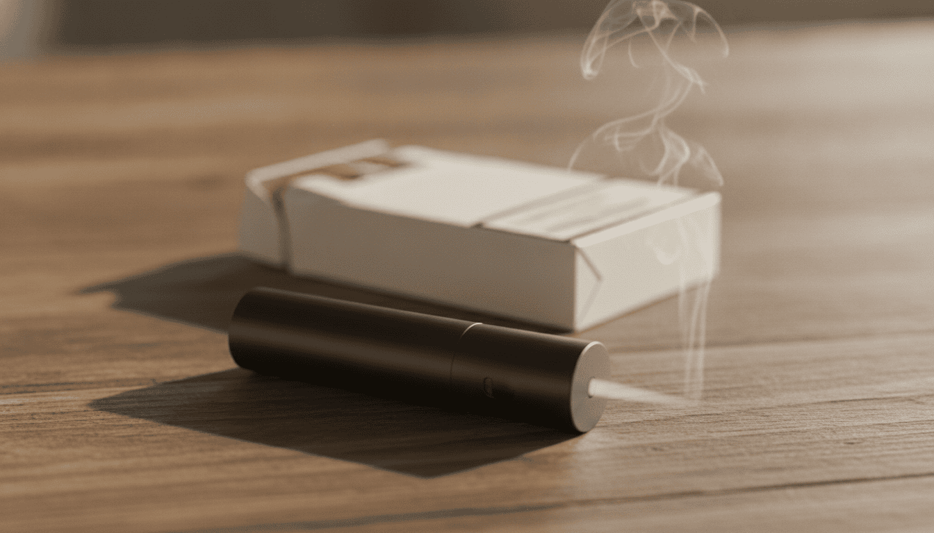 Dispositivo de vape moderno em primeiro plano com um pacote de cigarros ao fundo sobre uma mesa de madeira.