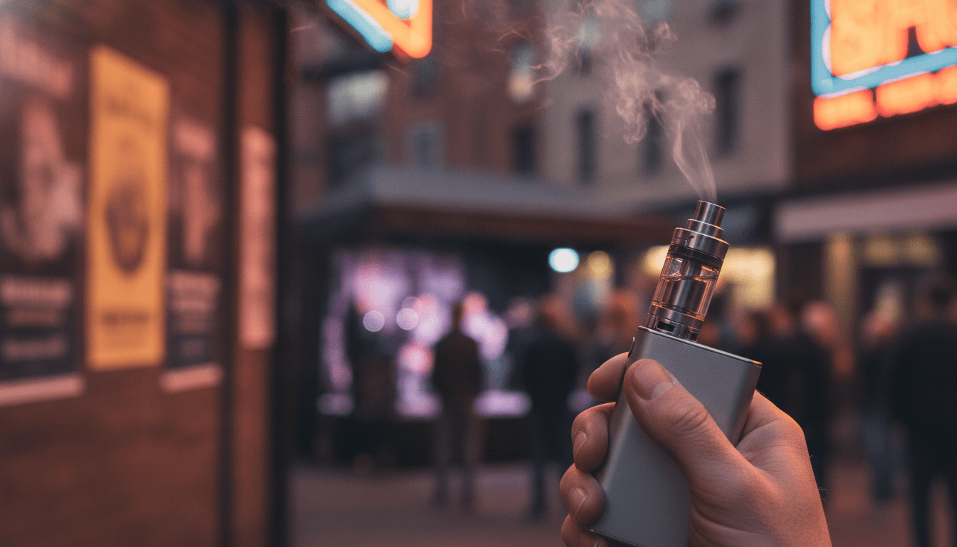 Mão adulta segurando um dispositivo de vape moderno em ambiente urbano com vapor suave e palco de evento ao fundo.