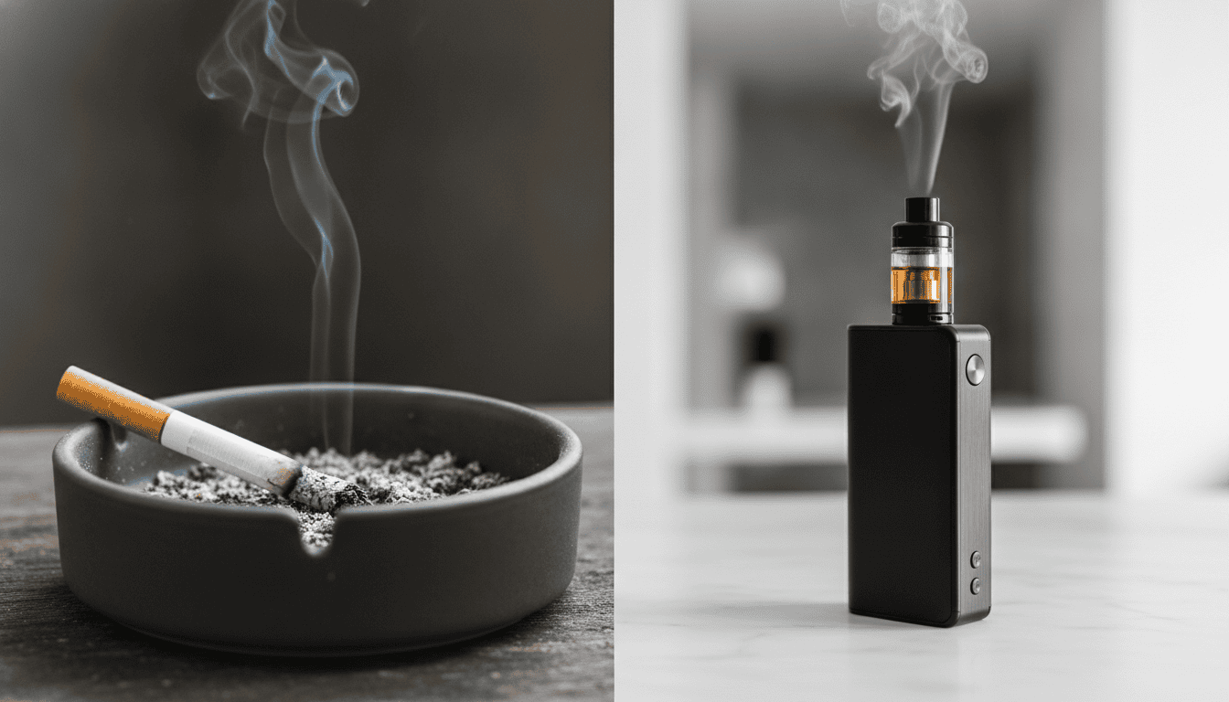 Composição dividida: cigarro tradicional queimando em um cinzeiro à esquerda e um vape moderno com pequena nuvem de vapor à direita.