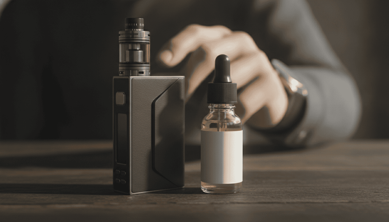 Close-up de um vape moderno sobre uma mesa de madeira com um frasco de e‑líquido ao lado, iluminação suave.