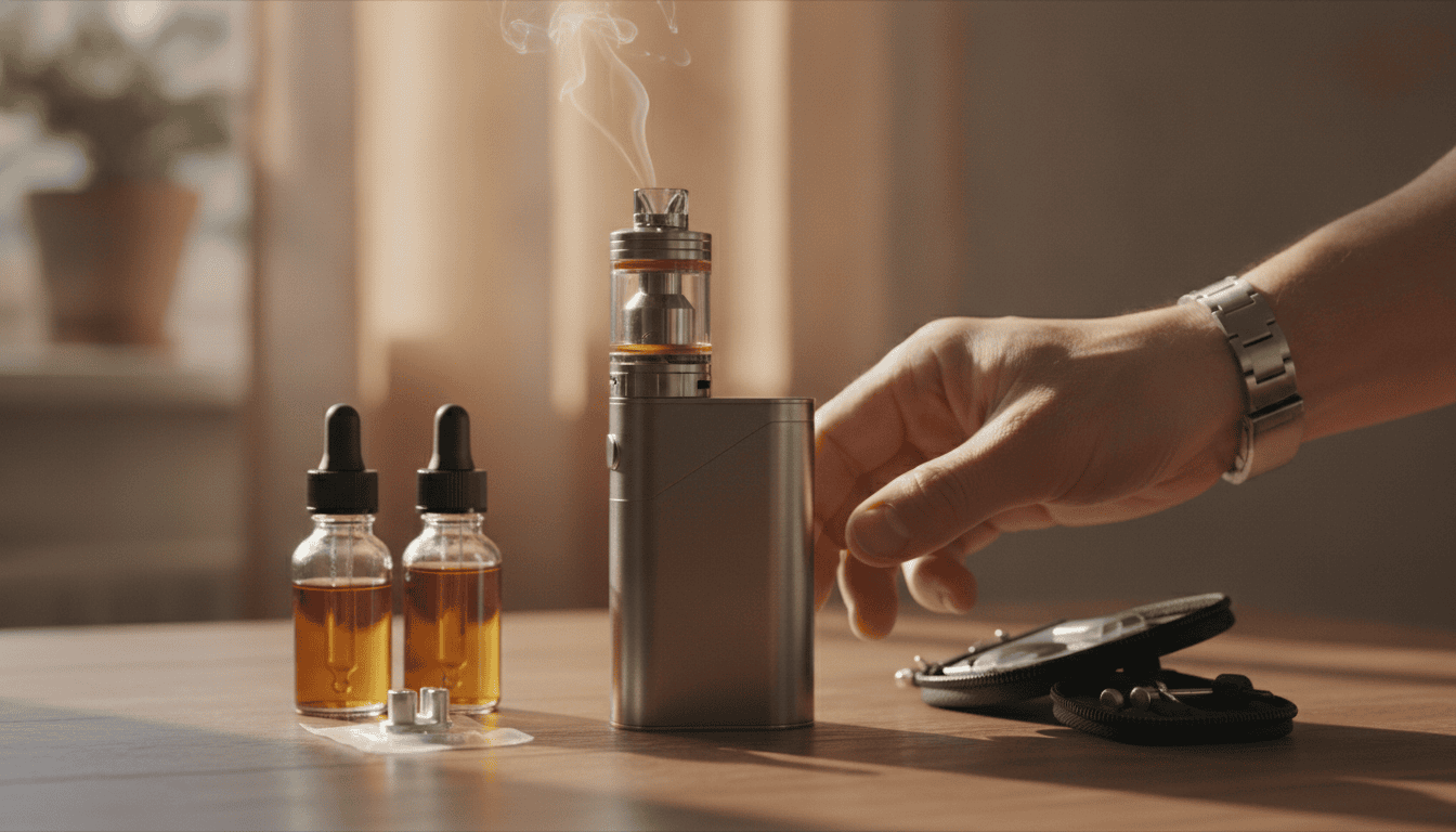 Dispositivo vape de alta capacidade sobre mesa de madeira, com frascos de e-líquido e acessório de reposição ao lado