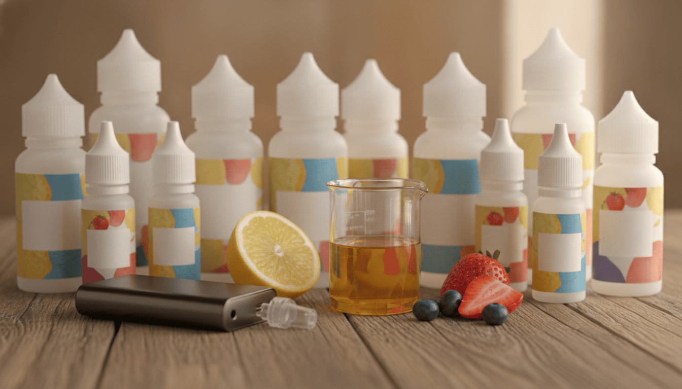 Várias garrafas de e‑liquids ao lado de um pod e um béquer de vidro com líquido, sobre uma mesa de madeira.