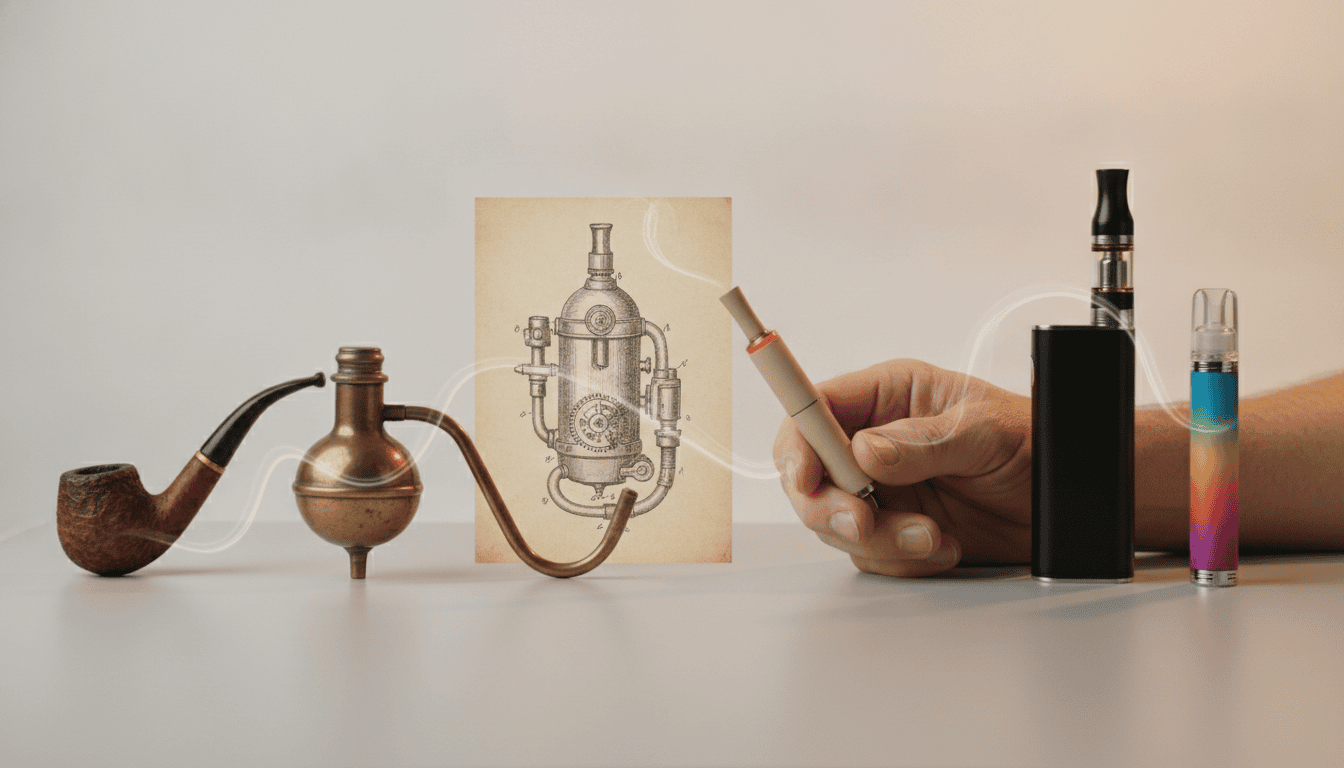 Linha do tempo fotorrealista mostrando evolução de dispositivos de inalação até vapes modernos, com mãos adultas segurando aparelhos.