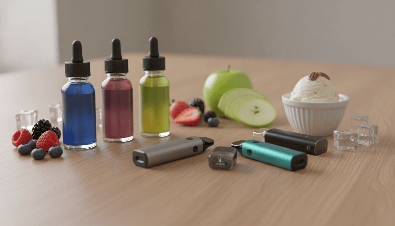 Frascos de e-líquido e pods sobre mesa de madeira com frutas, sorvete e cubos de gelo ao lado