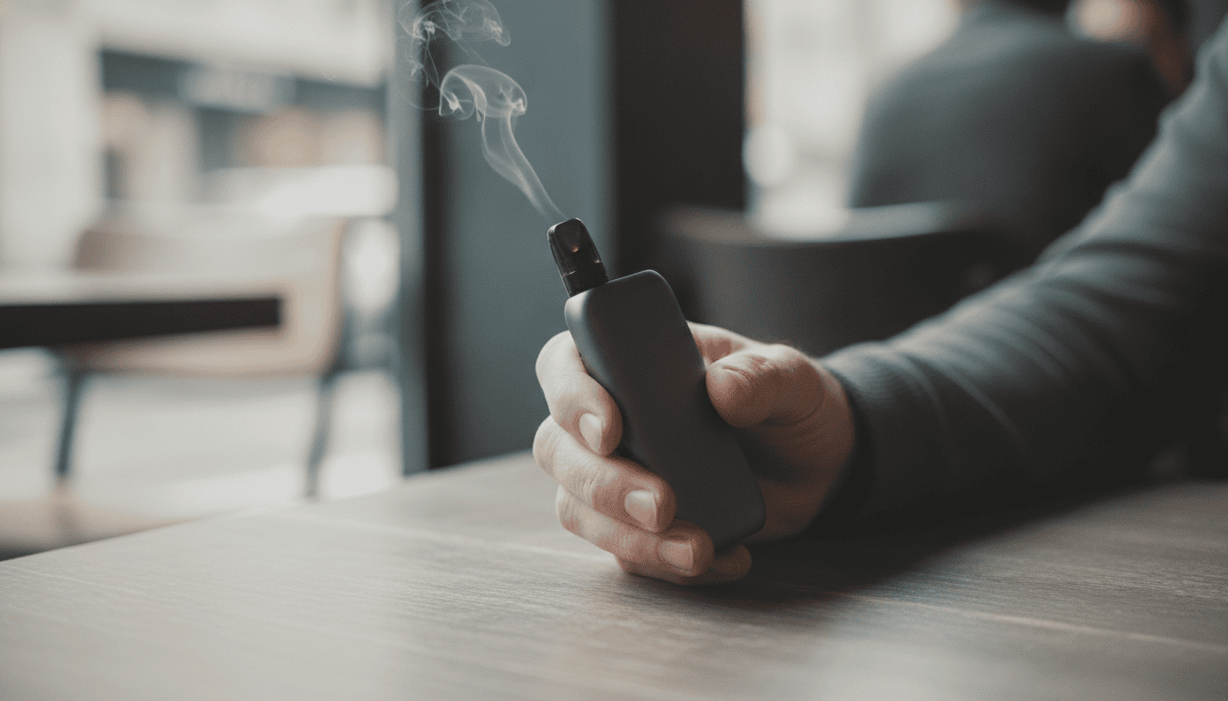 Mão adulta segurando um dispositivo pod vape com vapor sutil sobre uma mesa de café