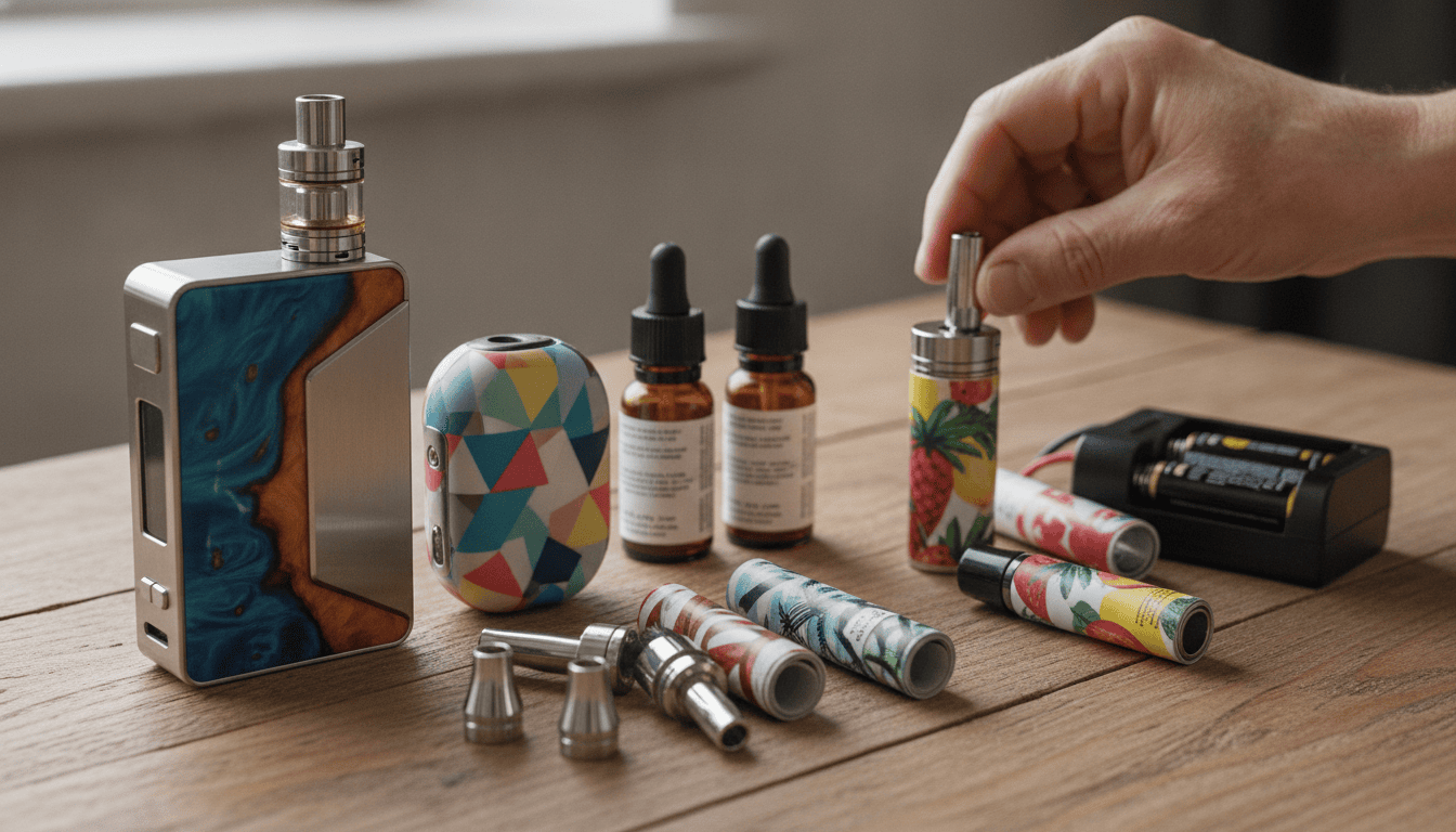 Mesa com diversos vapes personalizados (mod em madeira resinada, pod com skin, acessórios como drip tips e frascos de e‑líquido).