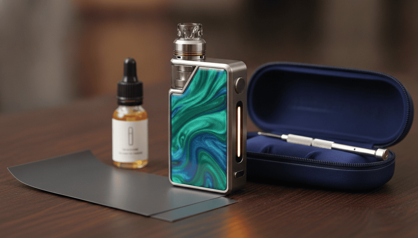 Vape moderno sobre mesa com painel de resina colorida, envolto por acessórios de personalização: wrapper, estojo e frasco de e-líquido.
