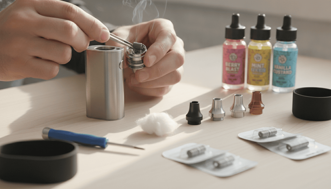 Mãos adultas personalizando um mod de vape sobre bancada de madeira com coils, algodão e frascos de e-líquido.