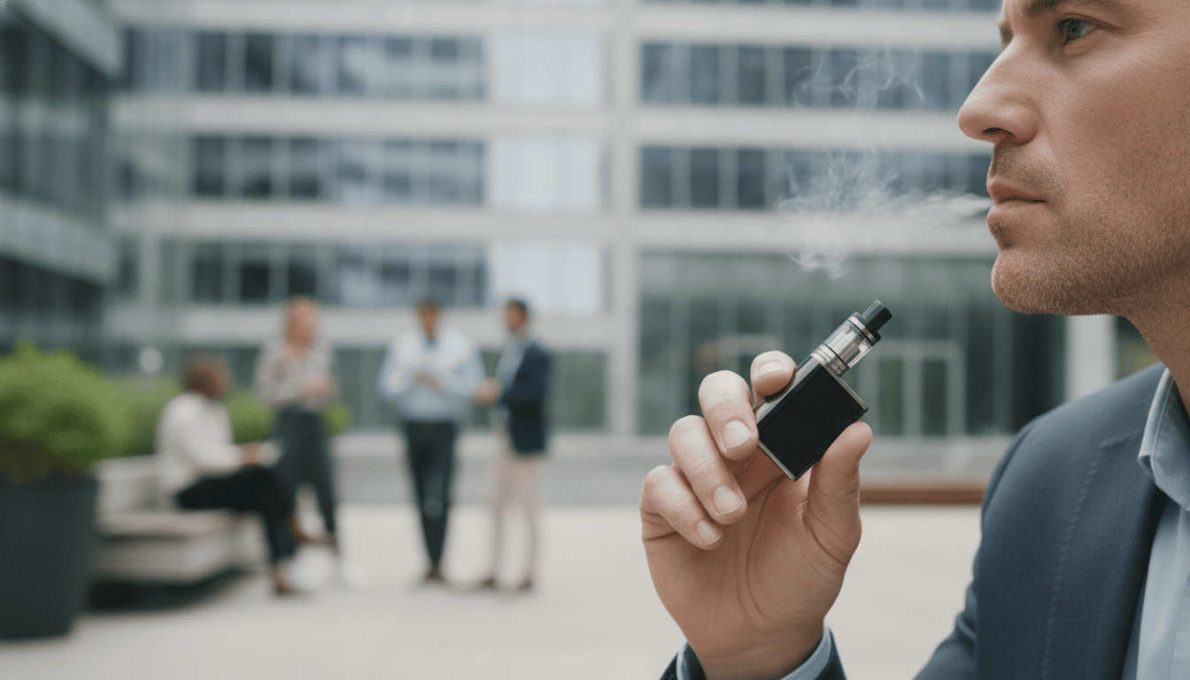 Pessoa adulta usando dispositivo de vape discreto em área externa de escritório, com colegas ao fundo