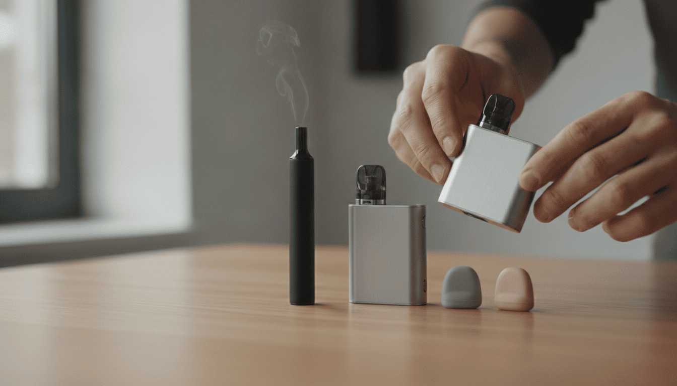 Mesa com vários vapes compactos e pods dispostos; mãos adultas seguram um dispositivo.