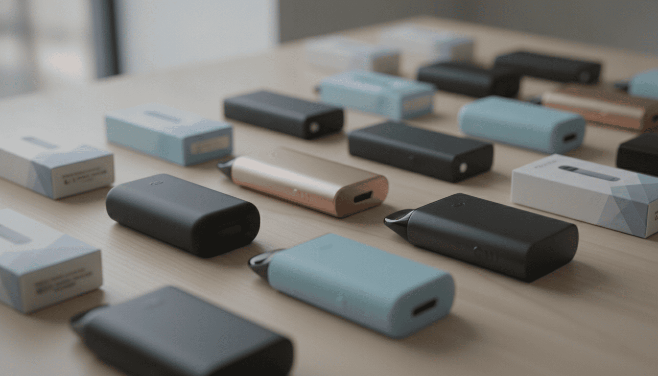 Vários vapes descartáveis alinhados sobre uma mesa de madeira, exibindo cores e formatos diferentes, sem marcas visíveis.