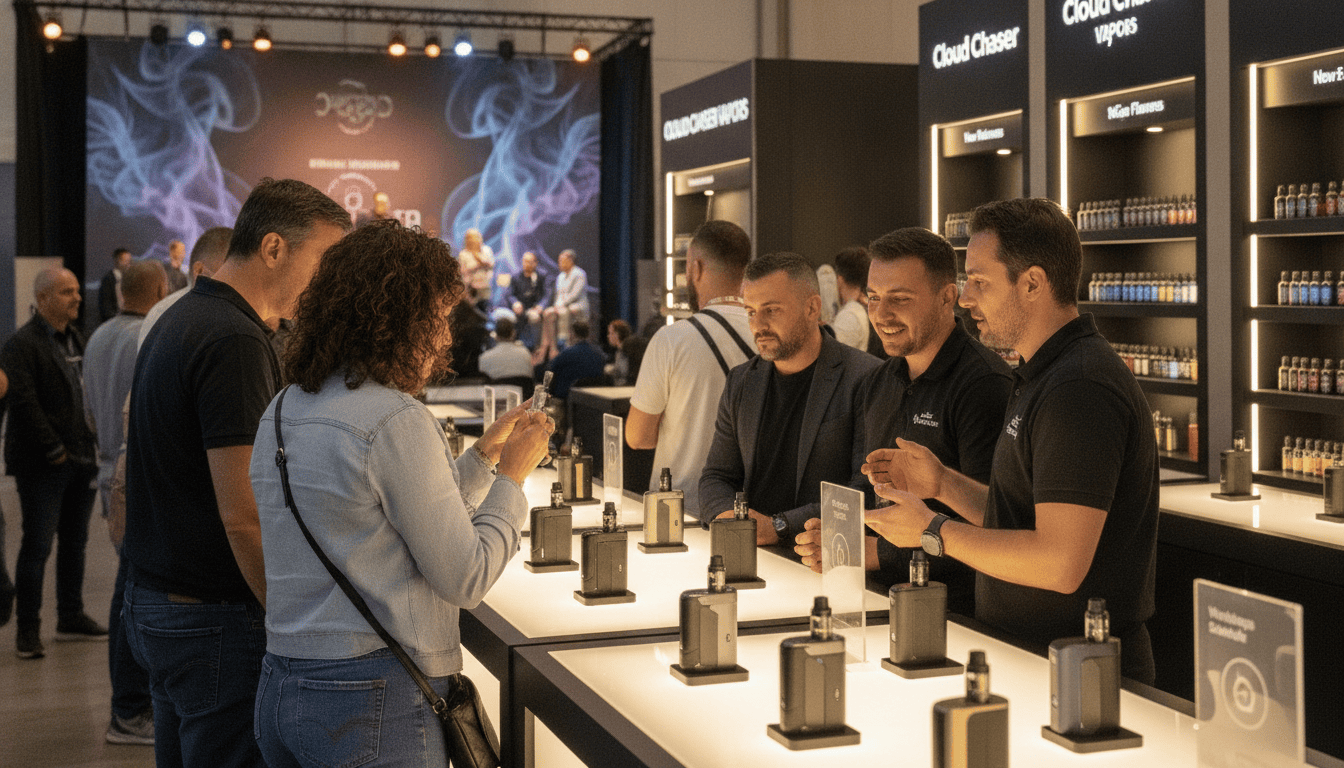 Pessoas adultas em um estande de evento de vape, examinando dispositivos e e-líquidos em ambiente de feira.