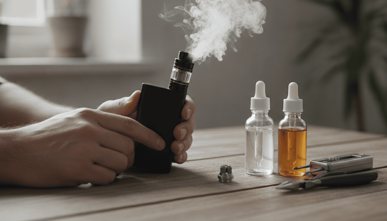 Mãos de um adulto segurando um mod vape com nuvem de vapor saindo; frascos de e‑líquido e uma coil sobre a mesa.