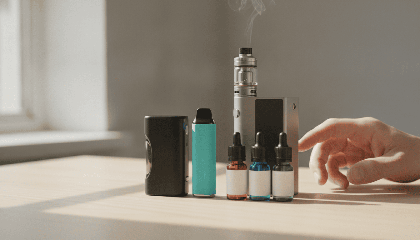 Mesa com diversos dispositivos de vape (pod, descartável e mod) e frascos de e-líquido; mão adulta alcançando um pod.