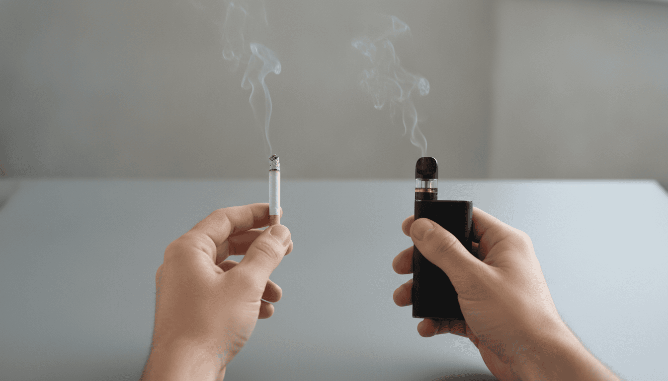 Mãos adultas segurando um cigarro aceso e um pod vape lado a lado sobre superfície neutra