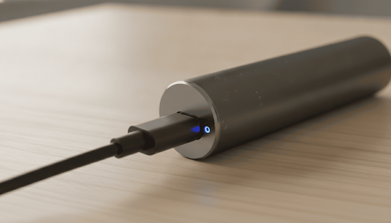 Vape moderno conectado a um cabo USB-C sobre uma mesa de madeira, mostrando o conector e indicador de carga.