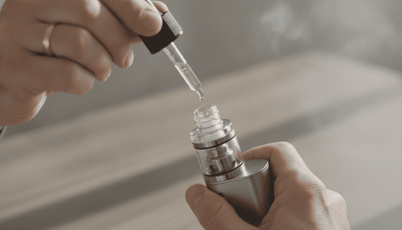 Mãos de adulto reabastecendo um tanque de vape com um frasco de e-líquido, em superfície lisa sem marcas visíveis.