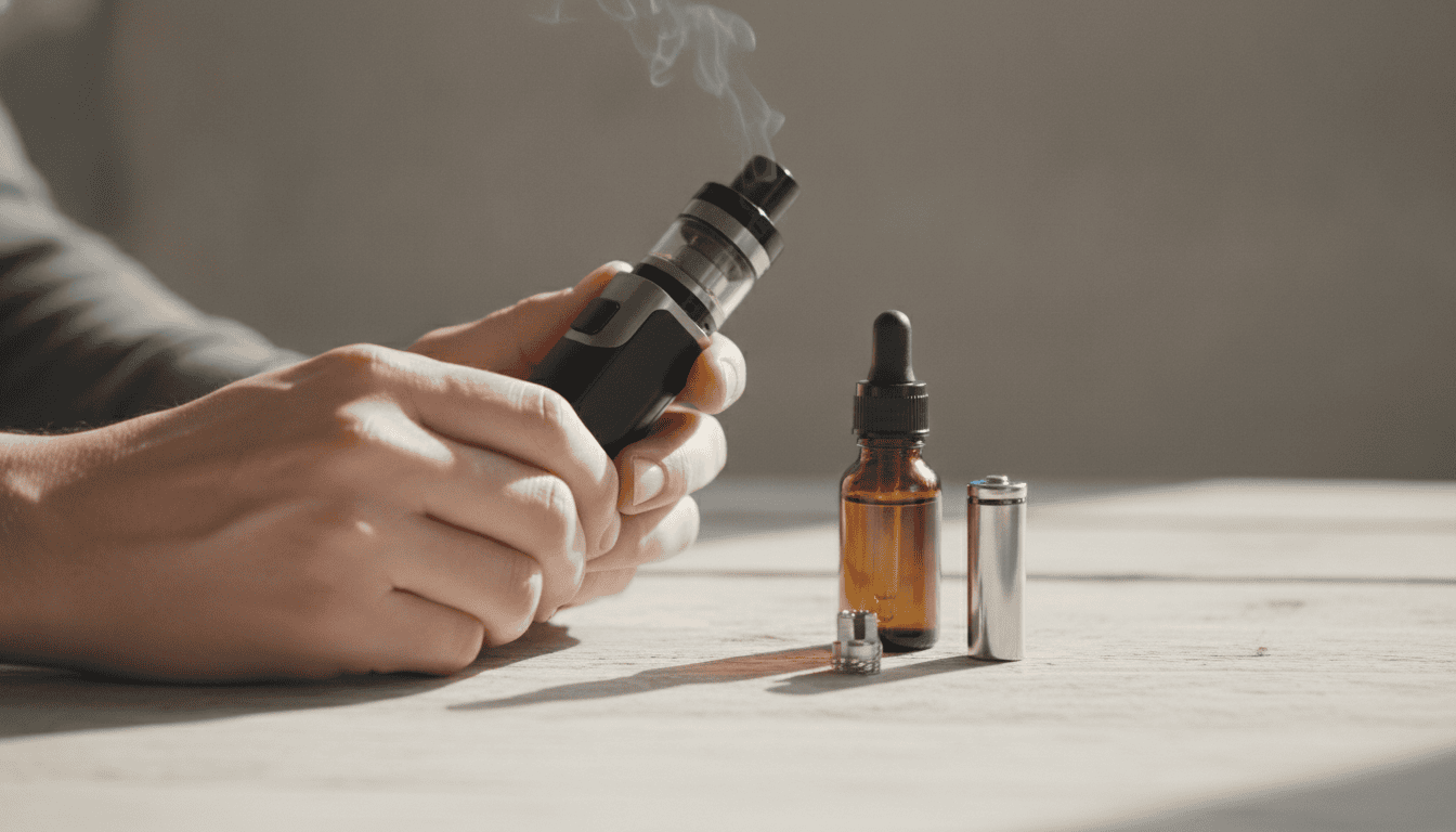 Close-up de mãos adultas segurando um vape sobre mesa com frasco de e-líquido, coil e bateria ao lado.