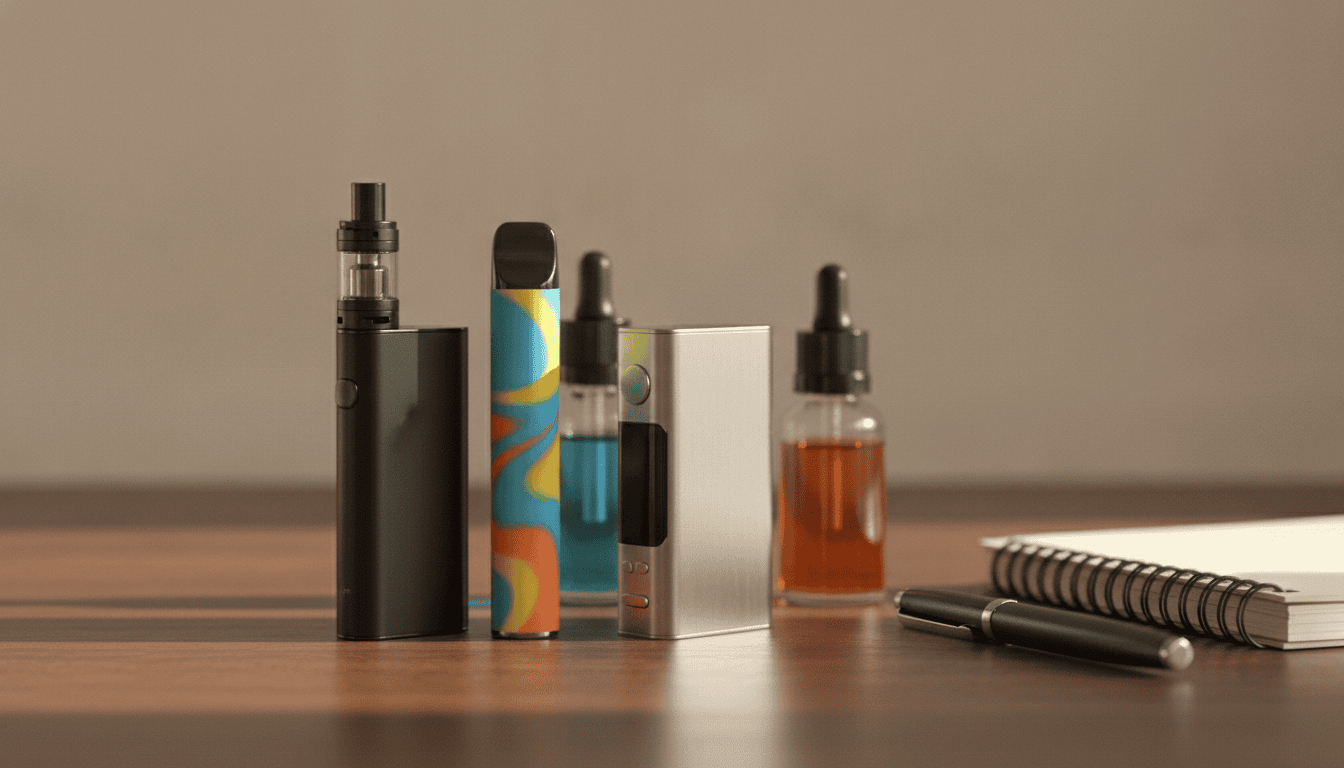 Mesa de madeira com três dispositivos de vape (pod, descartável e mod) e frascos de e-líquido ao lado, sem pessoas.