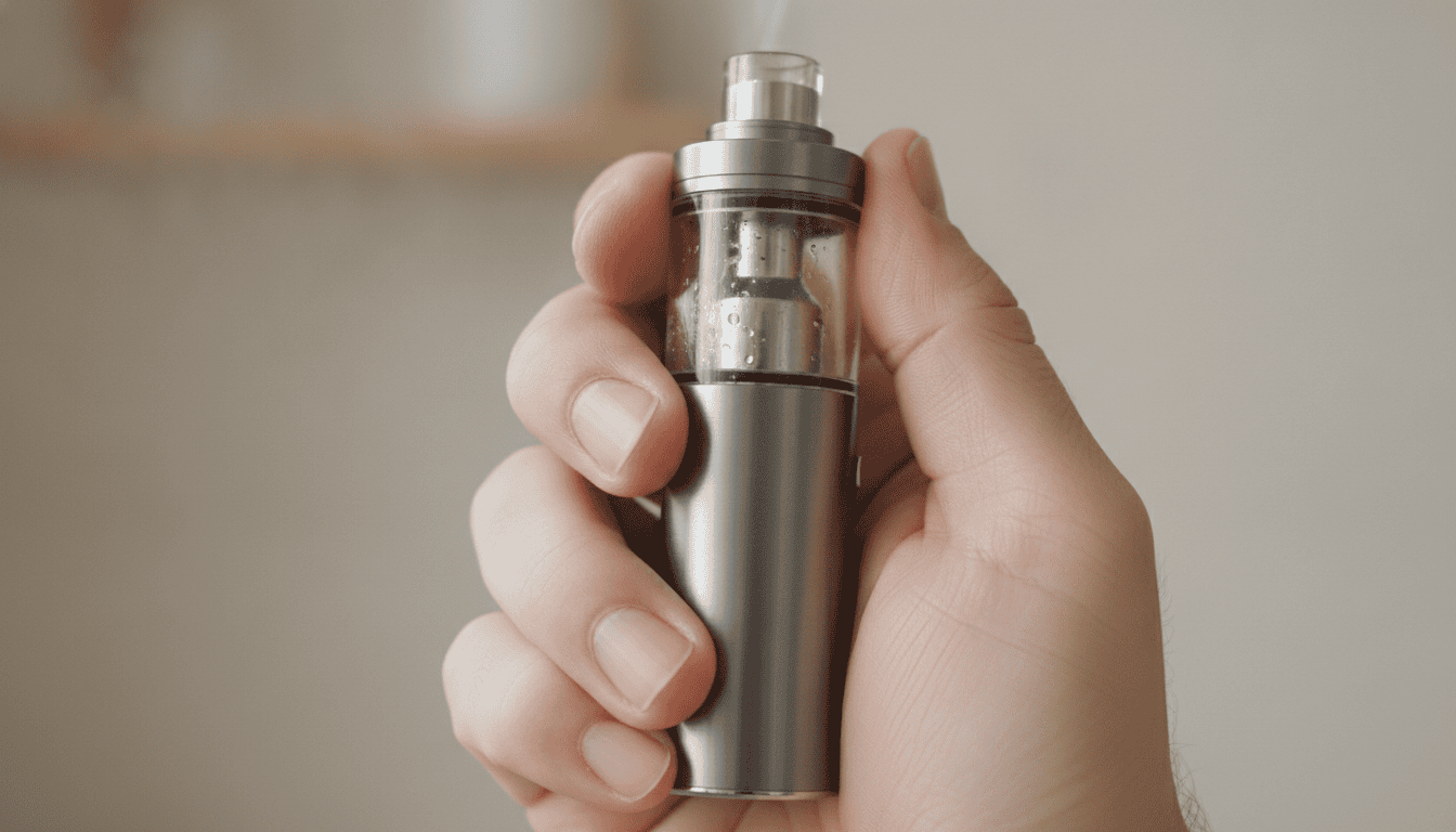 Mão adulta segurando um vape com foco no tanque e na resistência visível, com pequeno vapor saindo.
