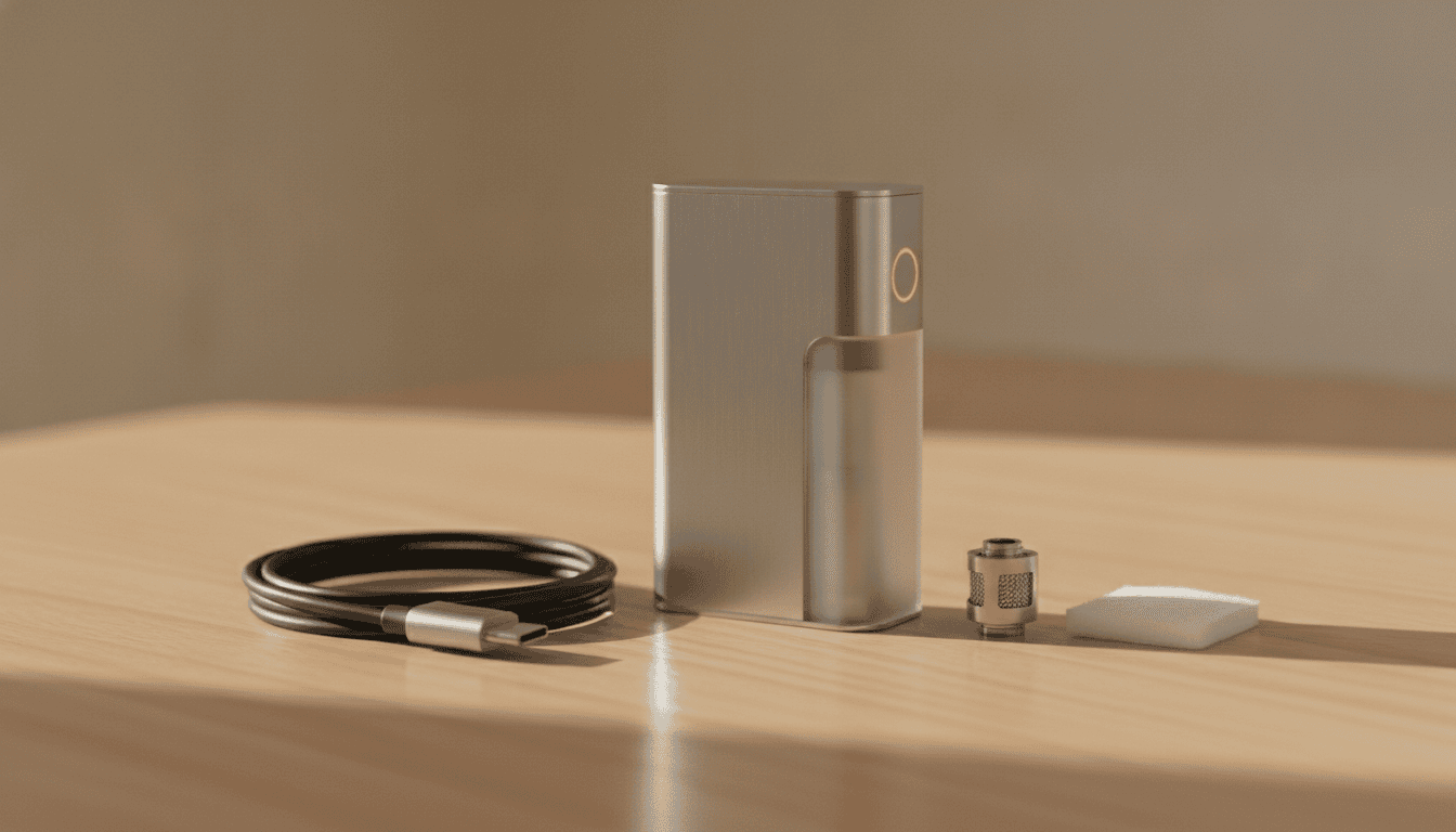 Dispositivo vape moderno sobre mesa de madeira com LED piscando e acessórios ao redor