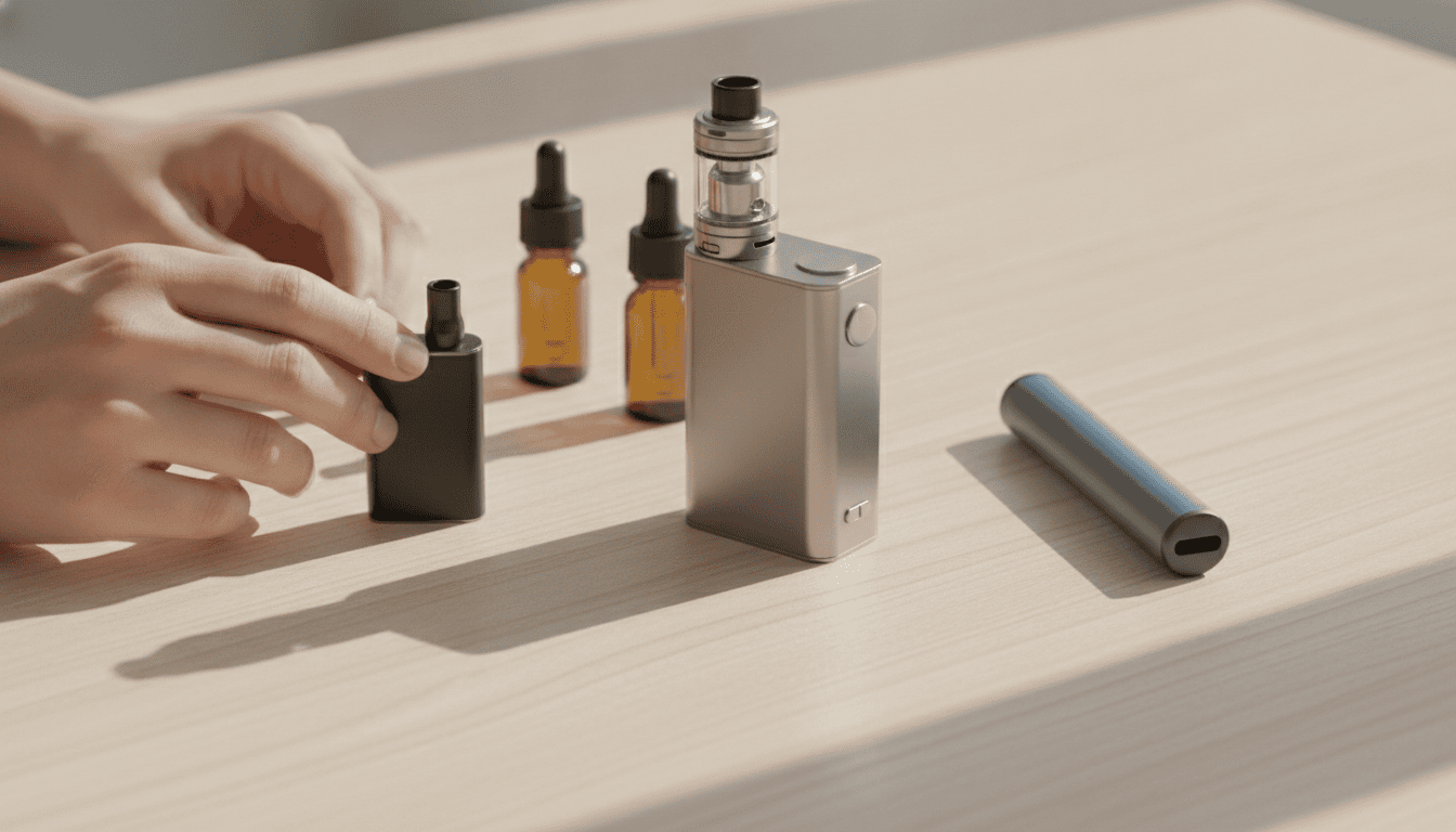 Vários dispositivos de vape (pod system, mod e pod descartável) e frascos de e-líquido sobre mesa de madeira, em luz natural.